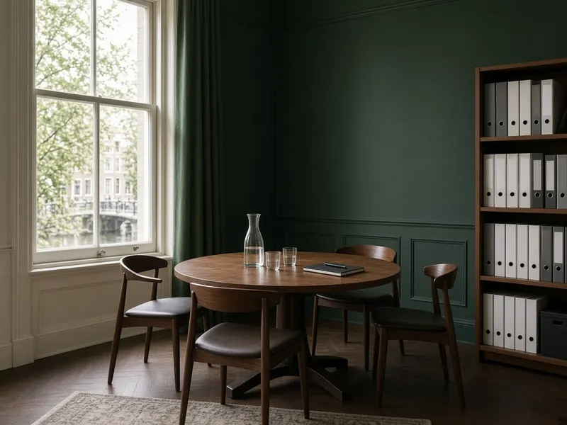 Spreekkamer met een ronde houten tafel, vier stoelen, een karaf water, een groene muur en een kast met ordners
