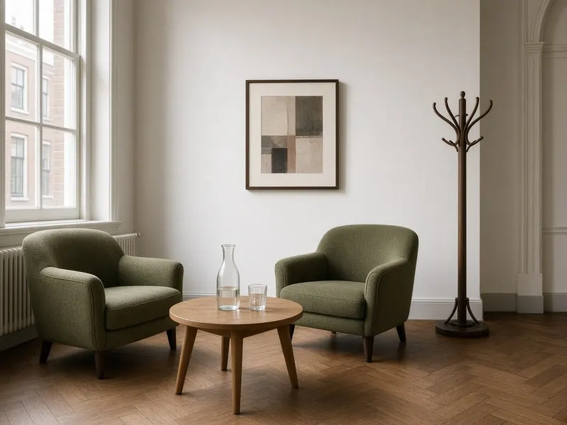Wachtruimte met twee groene fauteuils, een ronde houten tafel met een karaf water, een kapstok en een groot raam